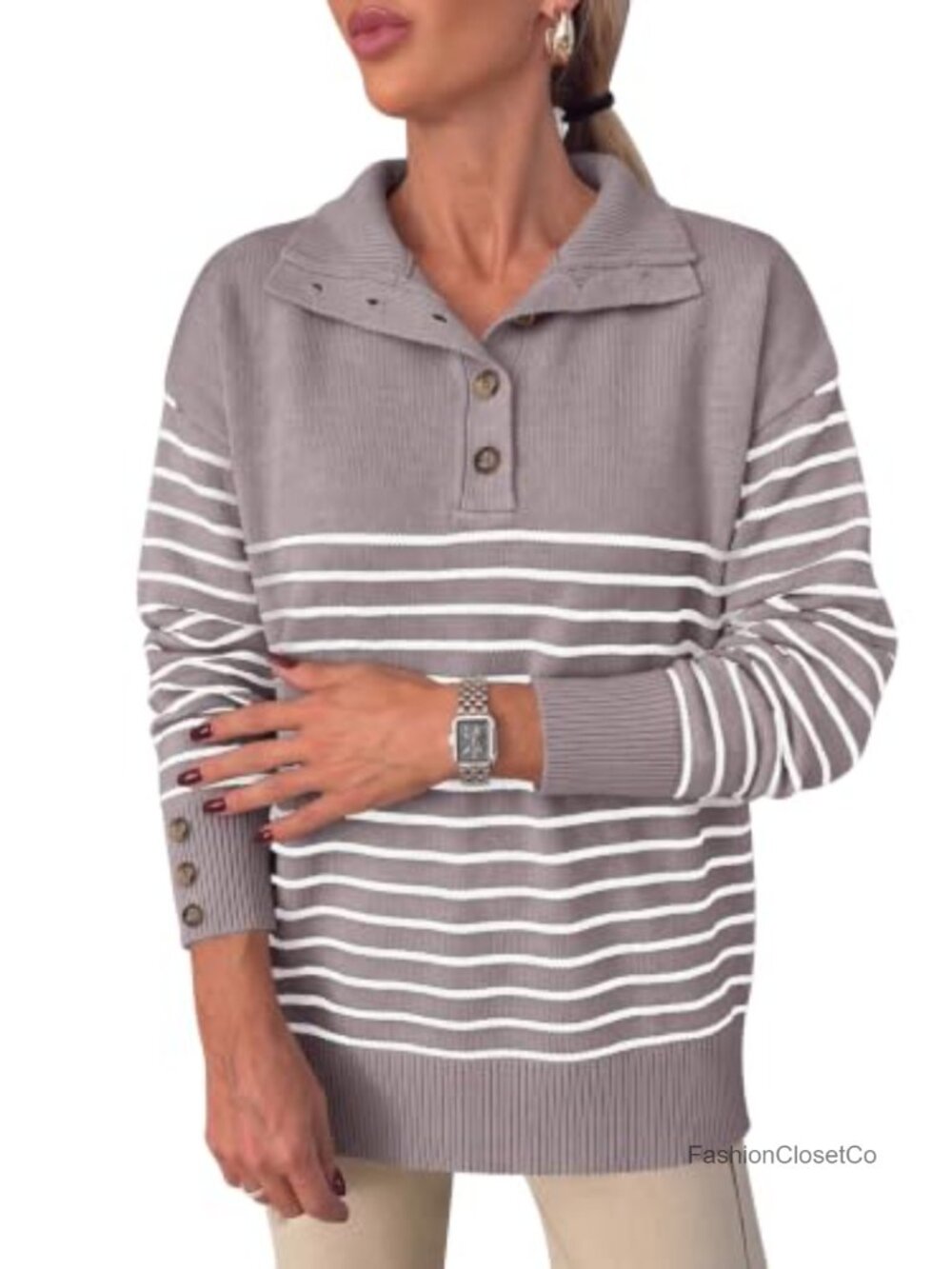 Women's Striped Long Sleeve Turtle Neck Lightweight Knit Pullover Sweater